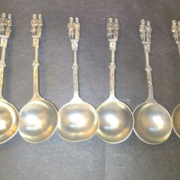Antique~German Embossed~Pewter Rein Zinn Wedding Spoons Set of 6 - Picture 1 of 4